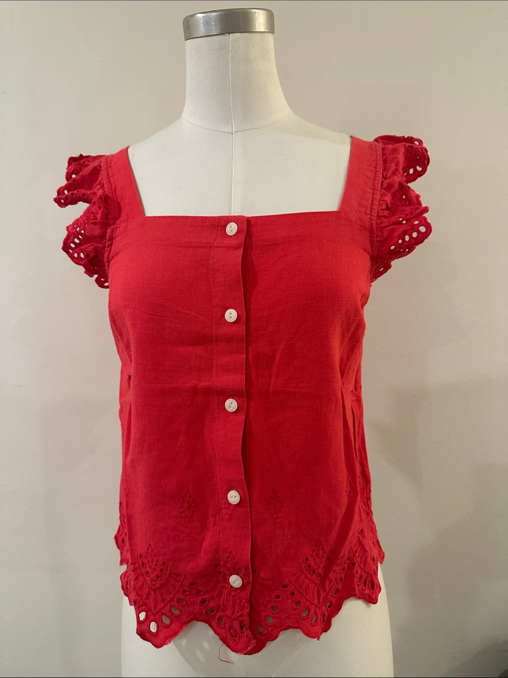 Madewell Red Eyelet Button-Front Square Neck Top